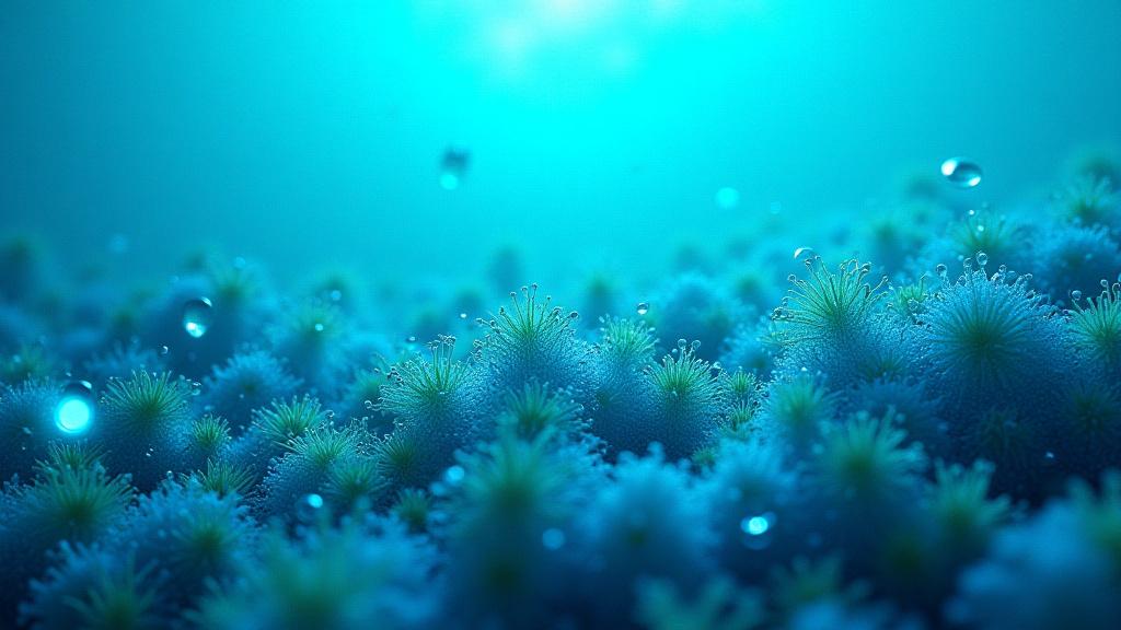 Vibrant microscopic view of a dense oceanic phytoplankton bloom